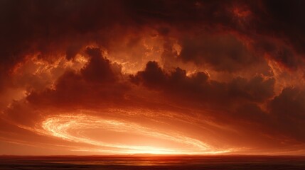 Fiery Sunset's Embrace: Witness the raw power of nature as a fiery sunset ignites the sky, casting a warm glow over the tranquil ocean, as clouds swirl creating a mesmerizing spectacle. 