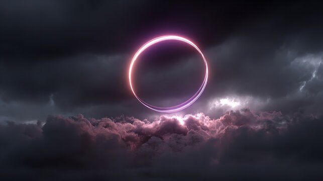3d render, abstract cloud illuminated with neon light ring on dark night sky. Glowing geometric shape, round frame