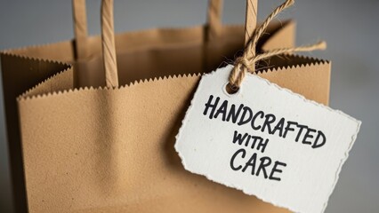 Brown paper shopping bag with "Handcrafted With Care" tag, a symbol of quality. Eco-friendly packaging highlights unique handcrafted items, emphasizing thoughtful production.