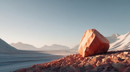Stone Amidst the Frozen Land: a striking visual of a colossal stone standing resolute in a desolate winter landscape. The scene conveys a sense of stark beauty and the quiet resilience.