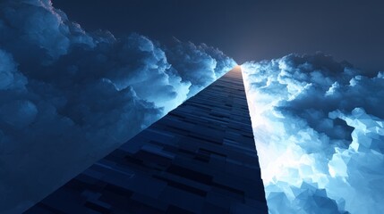 Ascension to Celestial Heights: A perspective of an endless path extending toward a radiant light amidst a vast expanse of ethereal clouds, symbolizing aspiration and spiritual journeys.