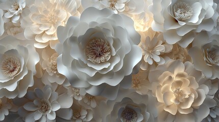 Elegant white paper-cut floral design against a soft white background, with ample copy space, realistic HD