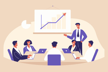 Business presentation with growth chart and team meeting illustration