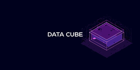 Obraz premium Abstract data cube visualization with purple and pink glow on dark background