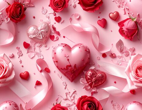 Seamless Valentine's Day pattern with romantic hearts, roses, ribbons, and elegant decorative details in soft pink and red tones.
