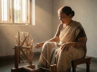 Elderly woman spinning thread on a wooden wheel near a window, capturing age-old traditions and skill.