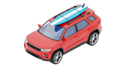 Red SUV with Surfboard on Roof, Isolated