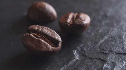 A macro shot of roasted coffee beans with textured details on a dark slate background. bar promotions, beverage menus, designed for product packaging and bar promotions.