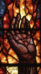 Divine Revelation: Intricate stained glass art depicts an open hand, bathed in light, symbolizing spirituality and guidance within a church.