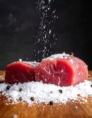 Close-up shot of raw beef cuts being seasoned with salt and peppercorns on a wooden surface, with a dark backdrop