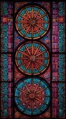 Radiant stained glass design: A vertical composition showcases an intricate stained glass window, featuring three mesmerizing circular elements, rich colors and artistic expression. 