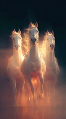 Ethereal Horses in Motion: Three majestic white horses, bathed in golden light, gallop gracefully, evoking a sense of freedom and energy. Captured against a dark backdrop.