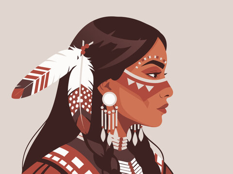 Native American Woman Profile Illustration with Feather Headdress and Traditional Face Paint