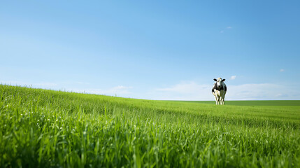 A peaceful summer countryside landscape with lush green grass and a bright blue sky forming a harmonious natural backdrop. A grazing cow stands in the distance, adding a gentle rural charm.