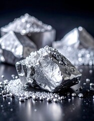 Close-up shot of raw, glistening silver metal chunks and small granules, possibly ore or refined material