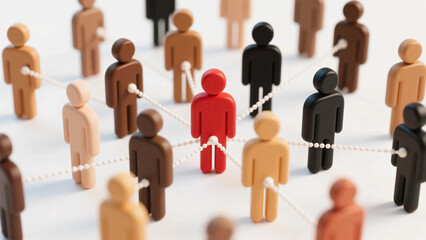 Colorful Human Figures Connected by Dotted Lines on White Background Representing Social Networking, Teamwork, Leadership, and Community Structure