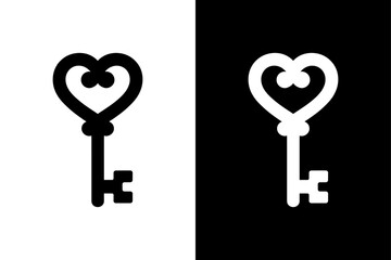 Romantic Heart-Shaped Key Vector. Elegant Black Silhouette Design on White Background