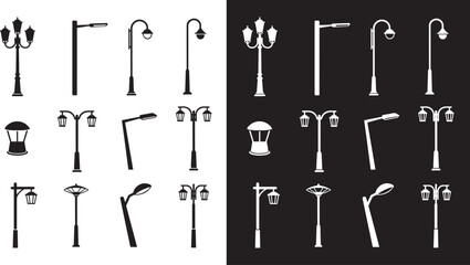 Street light collection silhouettes, Vintage Street Lamp Post Vector, sidewalk lantern, urban lighting layout