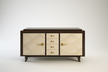 Fancy cabinet with doors drawers and bronze handles.