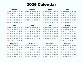 Simple 2026 Calendar Template. Minimalist yearly planner design