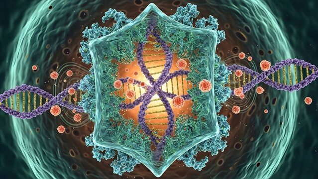 3D Concept of Virus Particle with DNA Helix in Microscopic Biological Environment - Powered by Adobe