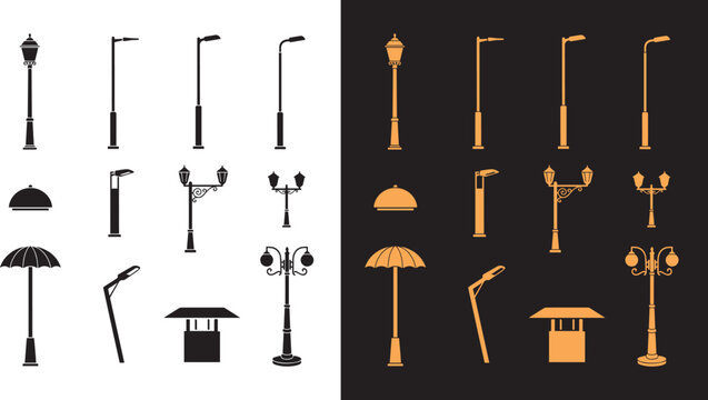 Street gold light collection silhouettes Vintage Street Lamp Post Vector, sidewalk lantern, urban lighting layout