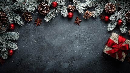 Christmas decorations with gift and snowy fir branches