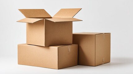 Brown cardboard boxes, open and closed, for shipping goods
