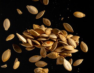 Close-up shot of scattered, roasted, and isolated edible kernels on a black background, with some in mid-air
