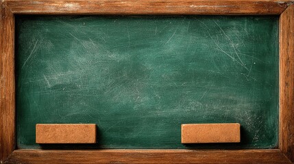 Vintage green chalkboard with wooden frame and two erasers