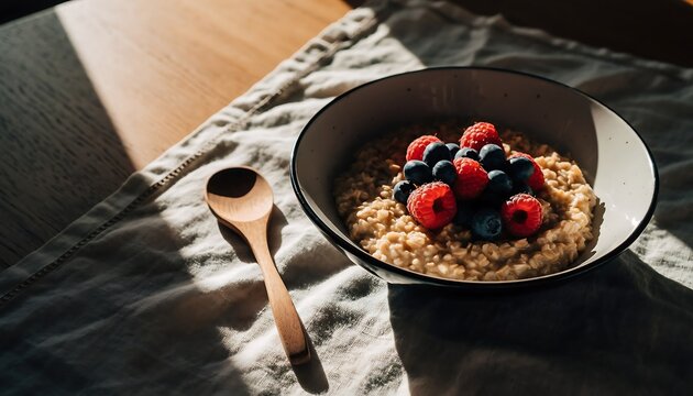 Healthy breakfast of oatmeal with fresh berries and a wooden spoon on a textured cloth - Powered by Adobe