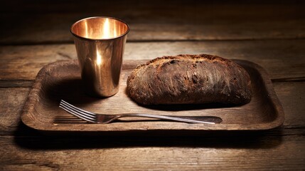 A wooden trencher with dark bread and a tin cup, cutlery reflecting warm light. menu design, packaging mockups, designed for culinary blogs and recipe cards for restaurants.