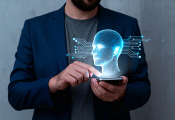 Businessman using smartphone with artificial intelligence neural network, machine learning and big data concept