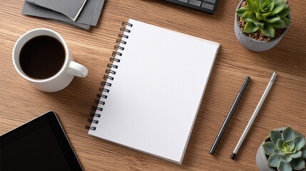 Blank notebook, coffee, pens, and plants on a wooden desk