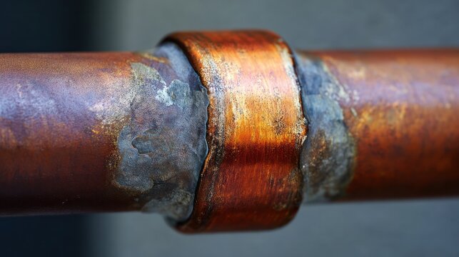 Close-up of a copper pipe joint with a shiny brazed seam and oxidation. safety posters, maintenance manuals, designed for industrial assembly lines and welding operations, used by engineers.