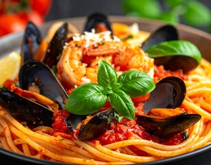 Close-up shot of seafood pasta in a bowl with shrimp, mussels, basil leaves, and lemon. Red sauce is visible