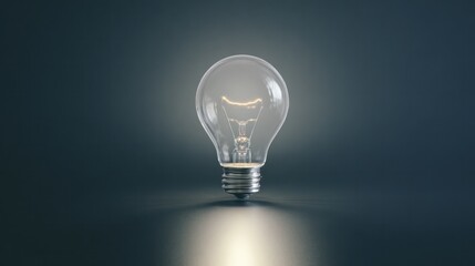 Illuminated bulb with exposed filament glowing softly in a dim studio space. tech promo slides, interface prototypes, designed for innovation showcases and product reveal visuals.