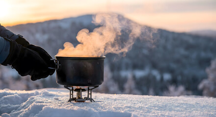 Person cooking in snow with steam rising from pot at sunset winter camping