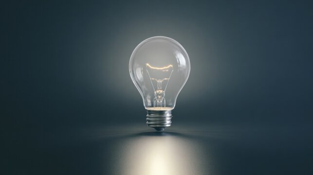 Illuminated bulb with exposed filament glowing softly in a dim studio space. tech promo slides, interface prototypes, designed for innovation showcases and product reveal visuals.