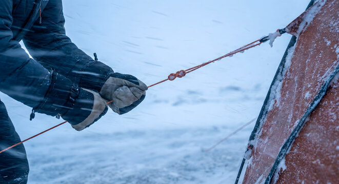Person in winter gear securing tent rope in snowy weather camping extreme weather