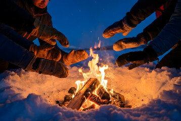 People wearing mittens warming hands around a bright campfire in the snow at dusk