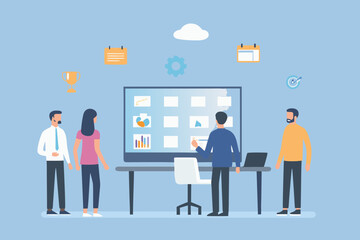 Team of professionals collaborating on a project in a modern office setting with charts and data displayed on a large screen