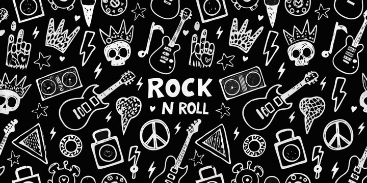 Hand drawn rock and roll doodle pattern with guitars skulls lightning bolts and music notes