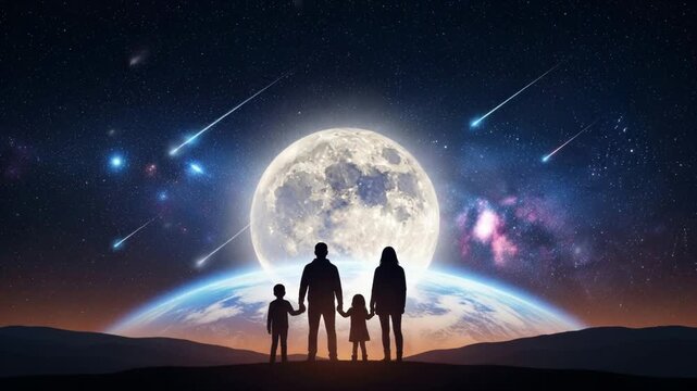 Family silhouette watching a giant moon Earth and meteor shower under a wondrous starry night sky.