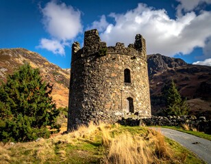 Fototapeta premium Ancient stone tower amidst a mountain landscape under a blue sky