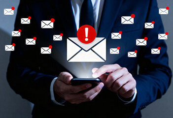 A businessman in suit holding a smartphone with a large glowing email icon with an exclamation mark