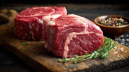 Fresh raw beef ribeye steaks on wooden board with herbs