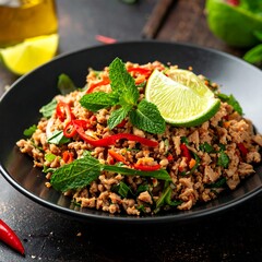 Close-up shot of seasoned ground meat dish in black bowl, garnished with mint leaves and lime wedge. Red chilies add visual interest
