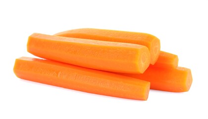 Close-up shot of several bright orange carrot sticks piled slightly atop one another against a stark white backdrop