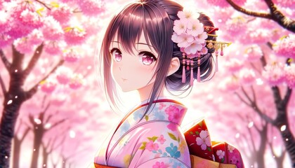 花柄の着物と髪飾りが華やかな和服美人の若い女性と桜の背景。日本の春イメージ。
